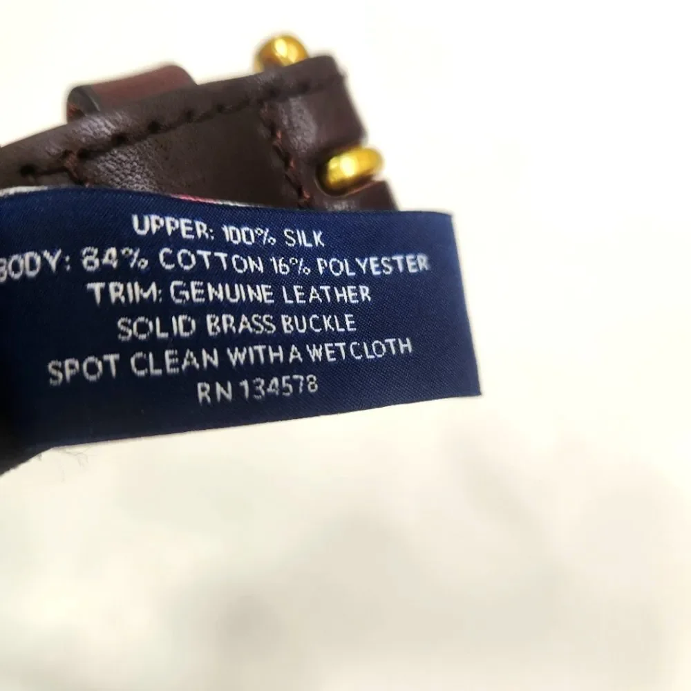 Vineyard Vines Brass Buckle Leather Trim Cotton Blend AOP Whale Logo Belt 28